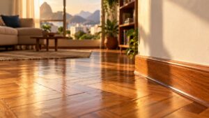 Sala de apartamento no Rio de Janeiro com piso de taco e rodapé de madeira, pontos para conferir se há cupim em apartamento