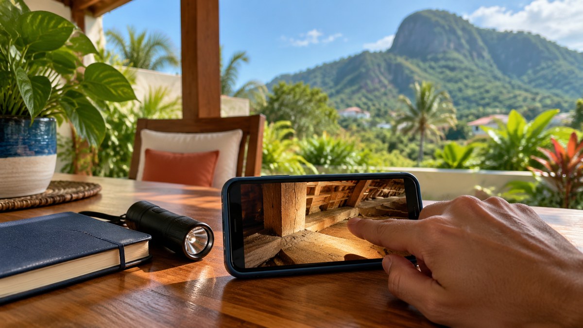 Celular sobre uma mesa de madeira com fotos do forro tiradas pelo alçapão, prontas para enviar pelo WhatsApp