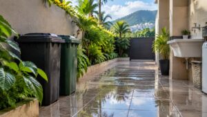Ratos depois da chuva: área de serviço molhada com lixeiras bem tampadas em casa no Rio