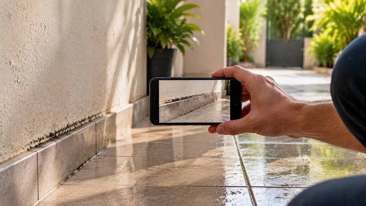 Morador fotografa sinais de ratos depois da chuva no muro para enviar à avaliação gratuita pelo WhatsApp
